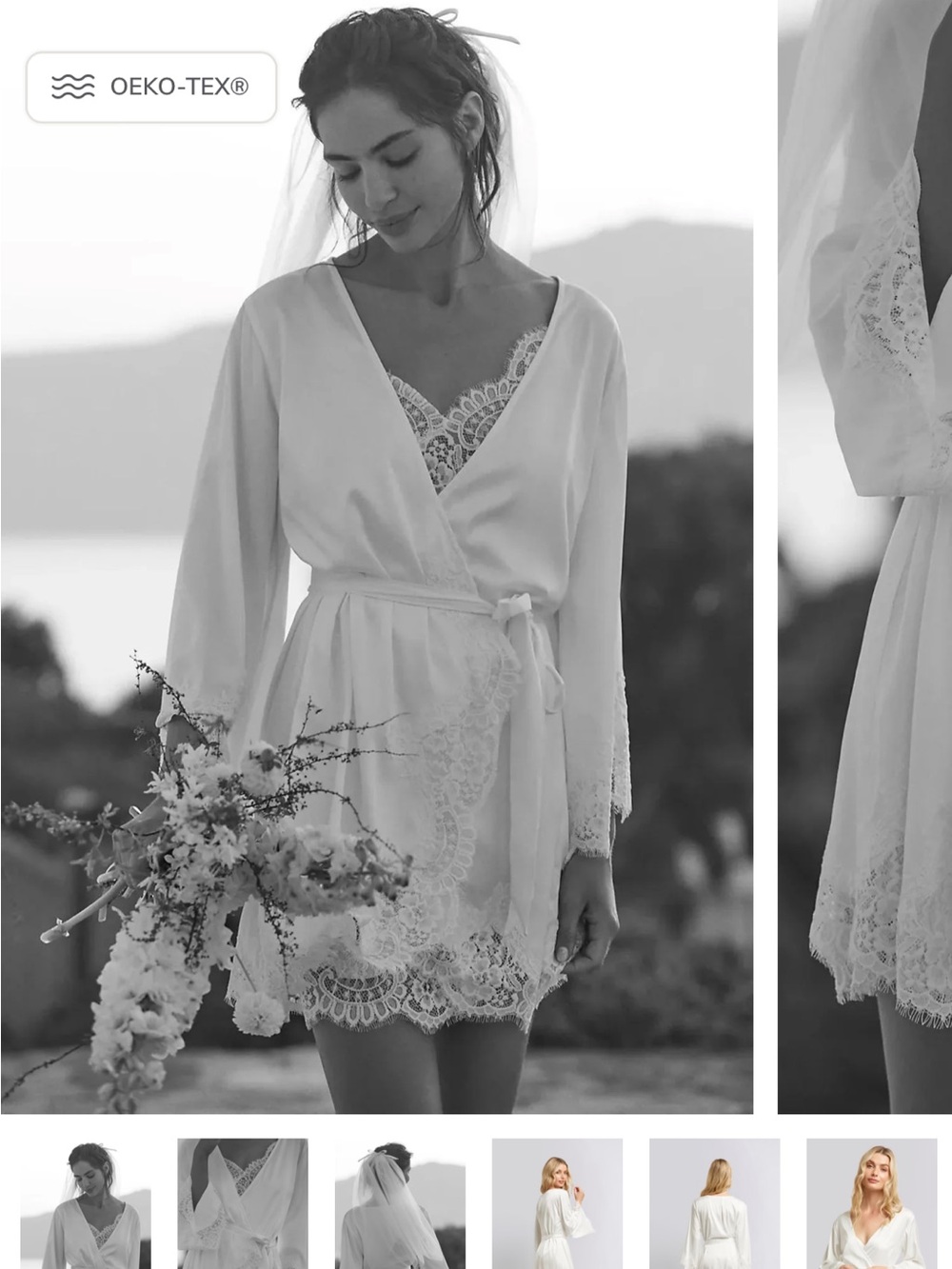 Bridal Satin Lace-Trim Wrap Robe in White